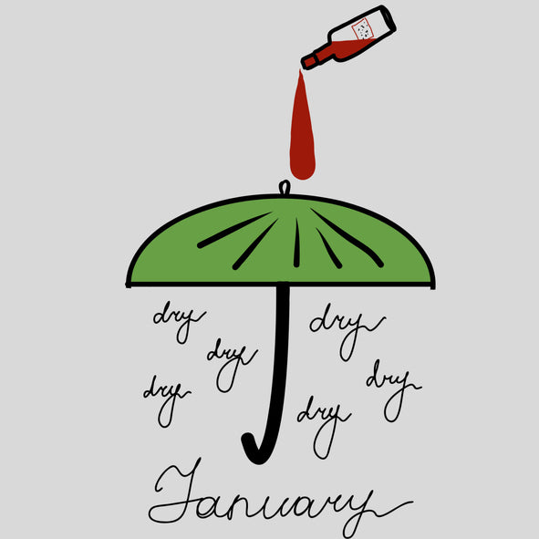 bottle of wine being poured over umbrella depicting dry january